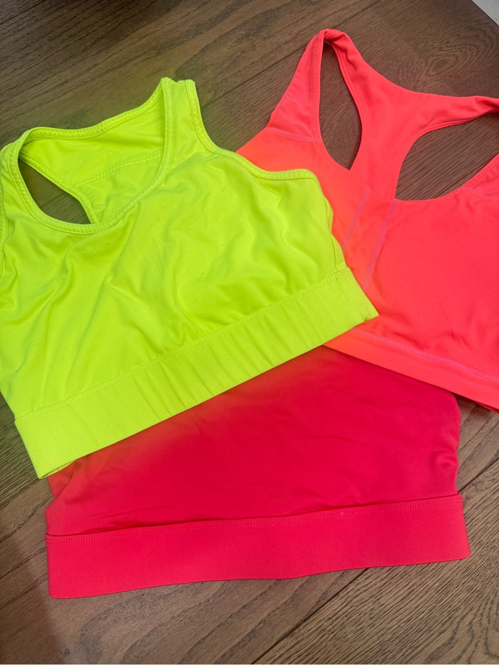 Fabletics Neon Sports Bra Trio - Lime, Coral, and Hot Pink